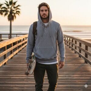 RVCA Men's Henley Hoodie Grey Waffle Knit Cozy Core Surf Skate Pullover M